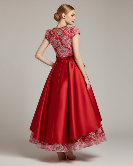 Jugendweihe Kleid Wassermelonrot Satin Stickerei | Lang - Ansicht 2