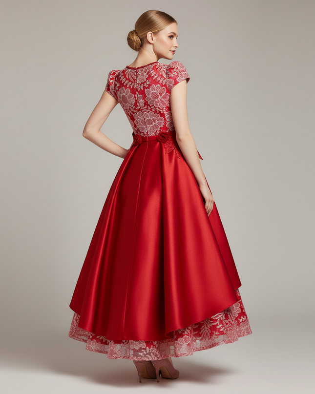 Jugendweihe Kleid Wassermelonrot Satin Stickerei | Lang - Ansicht 2