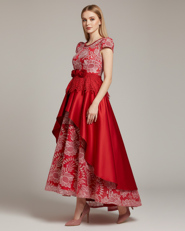 Jugendweihe Kleid Wassermelonrot Satin Stickerei | Lang - Ansicht 3