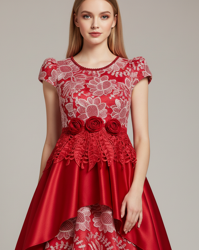 Jugendweihe Kleid Wassermelonrot Satin Stickerei | Lang - Ansicht 4