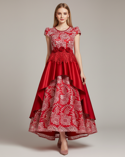 Jugendweihe Kleid Wassermelonrot Satin Stickerei | Lang - Ansicht 5