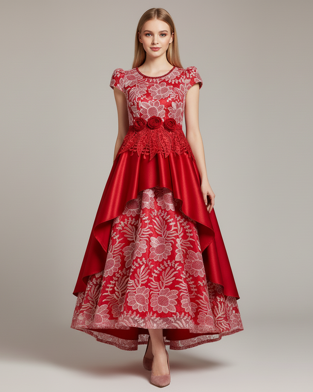 Jugendweihe Kleid Wassermelonrot Satin Stickerei | Lang - Ansicht 5