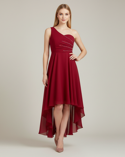 Jugendweihe Kleid weinrot Chiffon einschultrig gerafft - Ansicht 1