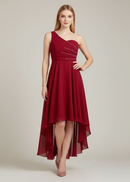 Jugendweihe Kleid weinrot Chiffon einschultrig gerafft - Ansicht 1