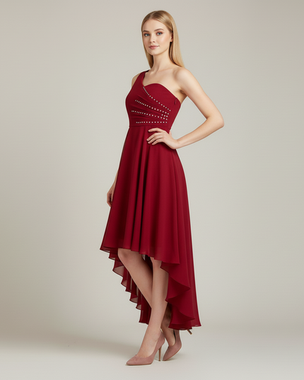 Jugendweihe Kleid weinrot Chiffon einschultrig gerafft - Ansicht 3