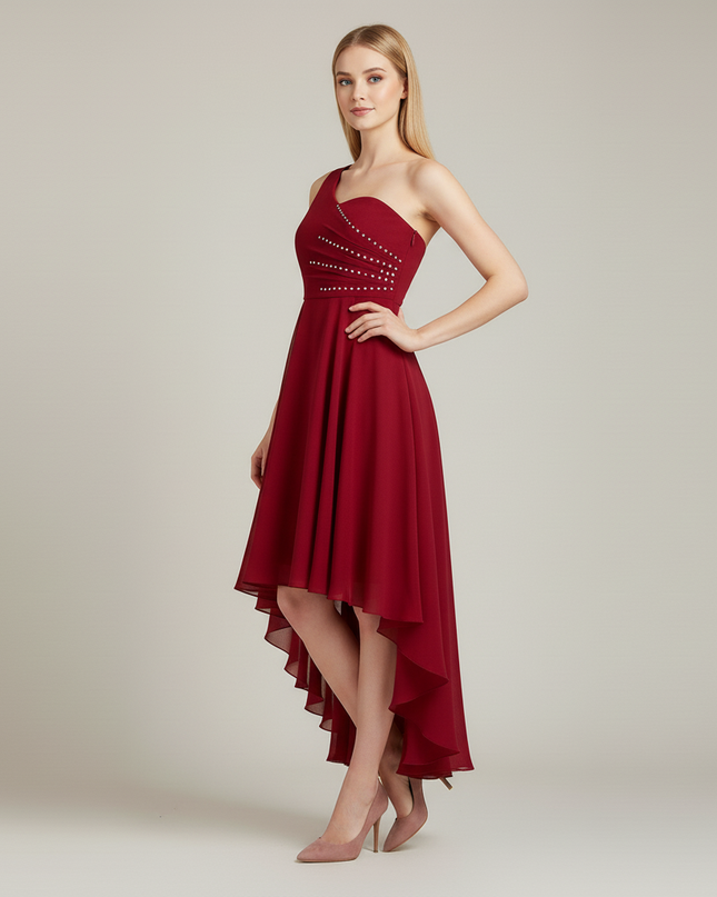 Jugendweihe Kleid weinrot Chiffon einschultrig gerafft - Ansicht 3