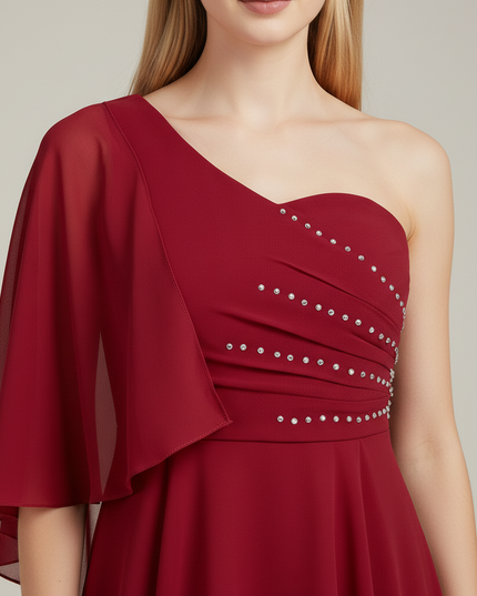 Jugendweihe Kleid weinrot Chiffon einschultrig gerafft - Ansicht 4