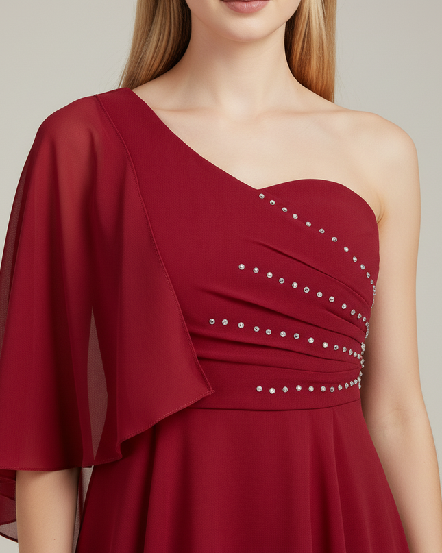 Jugendweihe Kleid weinrot Chiffon einschultrig gerafft - Ansicht 4