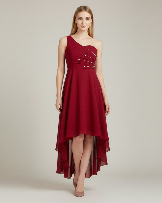 Jugendweihe Kleid weinrot Chiffon einschultrig gerafft - Ansicht 5