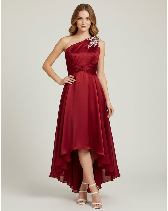 Jugendweihe Kleid Weinrot Einschultrig Festlich | Teens - Ansicht 1