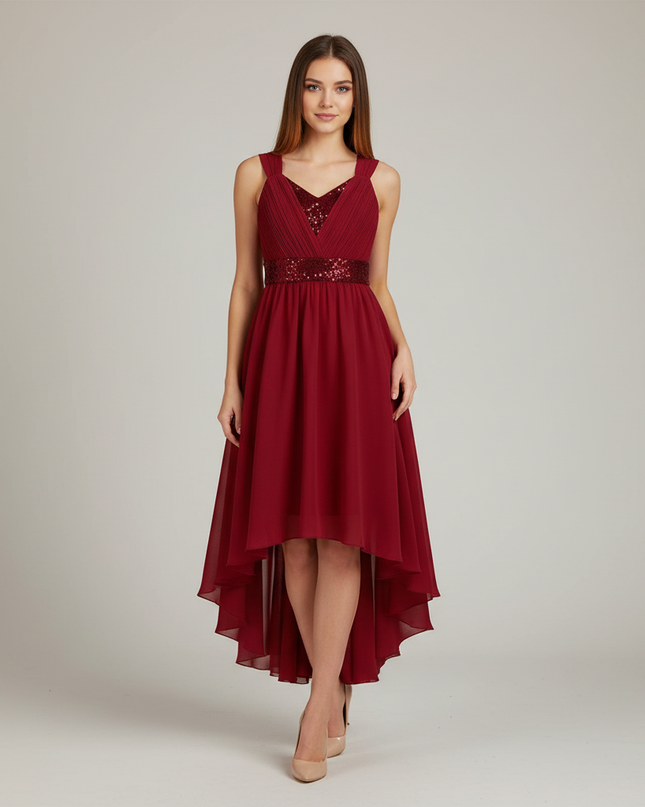 Jugendweihe Kleid Weinrot Hi-Low Chiffon Kinder - Ansicht 1