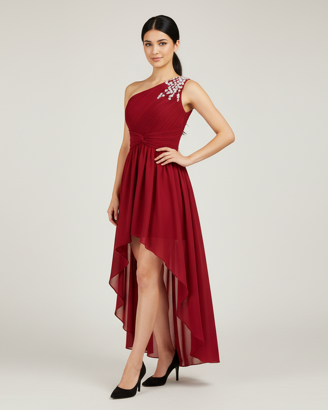 Jugendweihe Kleid weinrot Perlen einschultrig Kinder - Ansicht 1