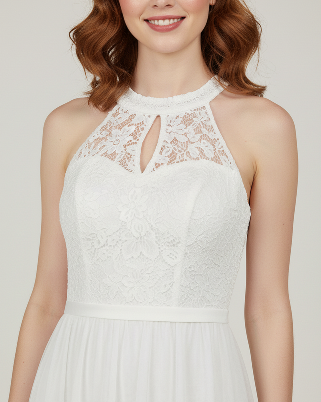 Jugendweihe Kleid Weiss Halter Spitze Lang | Festkleid - Ansicht 4