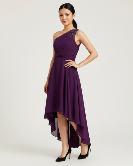 Jugendweihe Kleid Lila Chiffon Rueschen Einschulter - Ansicht 1