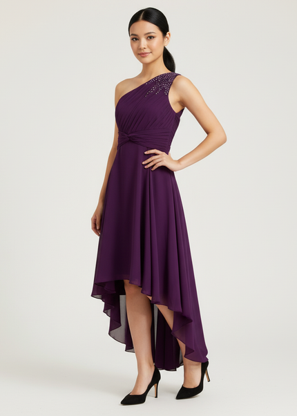 Jugendweihe Kleid Lila Chiffon Rueschen Einschulter - Ansicht 1