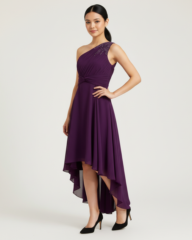 Jugendweihe Kleid Lila Chiffon Rueschen Einschulter - Ansicht 1