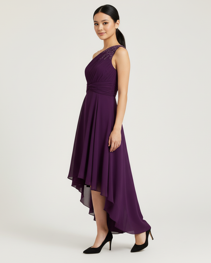 Jugendweihe Kleid Lila Chiffon Rueschen Einschulter - Ansicht 3