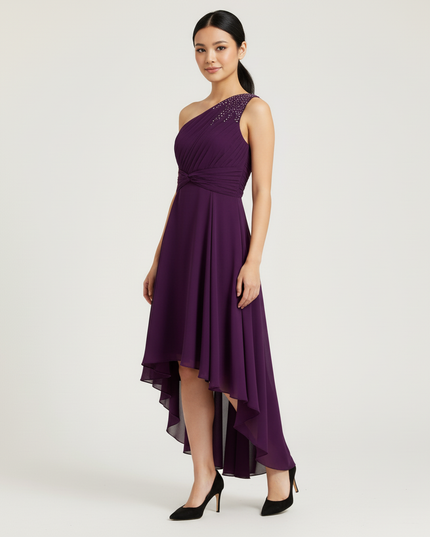 Jugendweihe Kleid Lila Chiffon Rueschen Einschulter - Ansicht 5