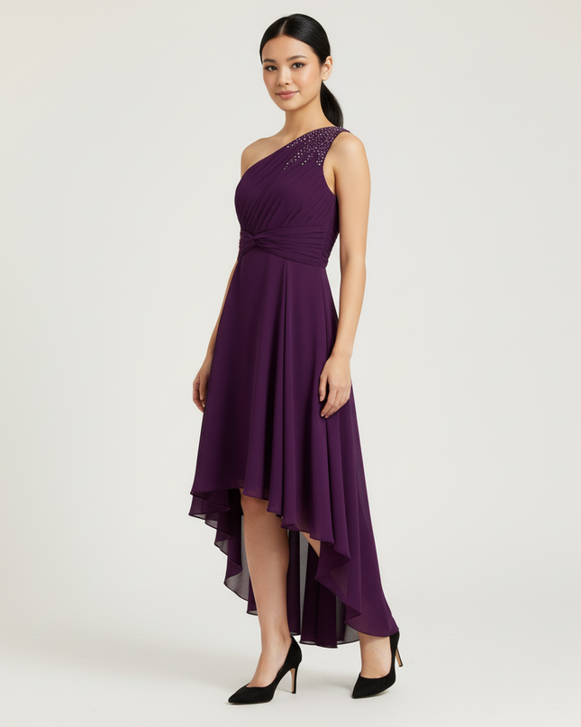 Jugendweihe Kleid Lila Chiffon Rueschen Einschulter - Ansicht 5