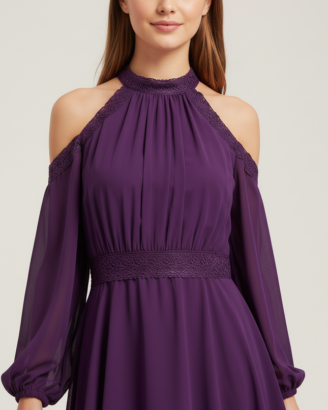 Jugendweihe Kleid Lila Neckholder Chiffon Rueschen - Ansicht 4