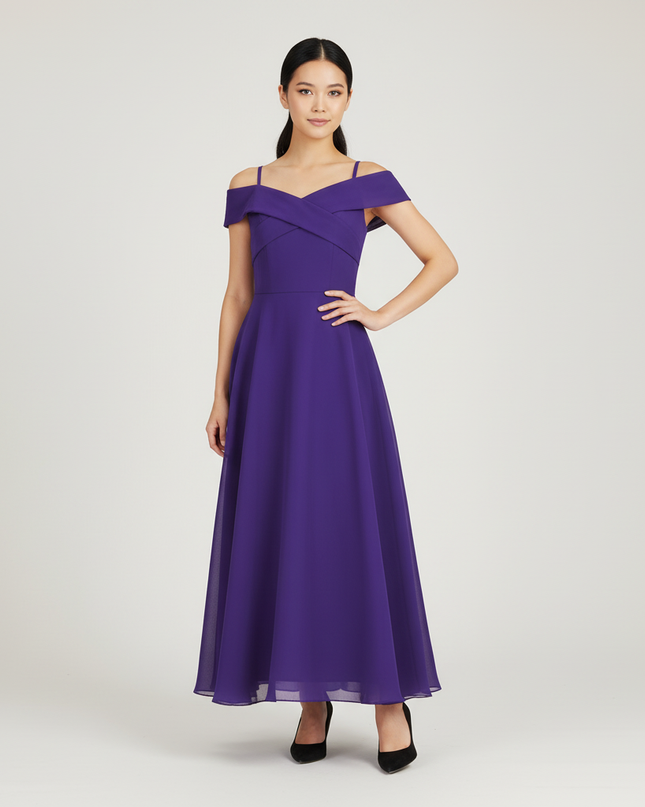 Jugendweihe Kleid Lila Sommer Chiffon schulterfrei | Lang - Ansicht 1