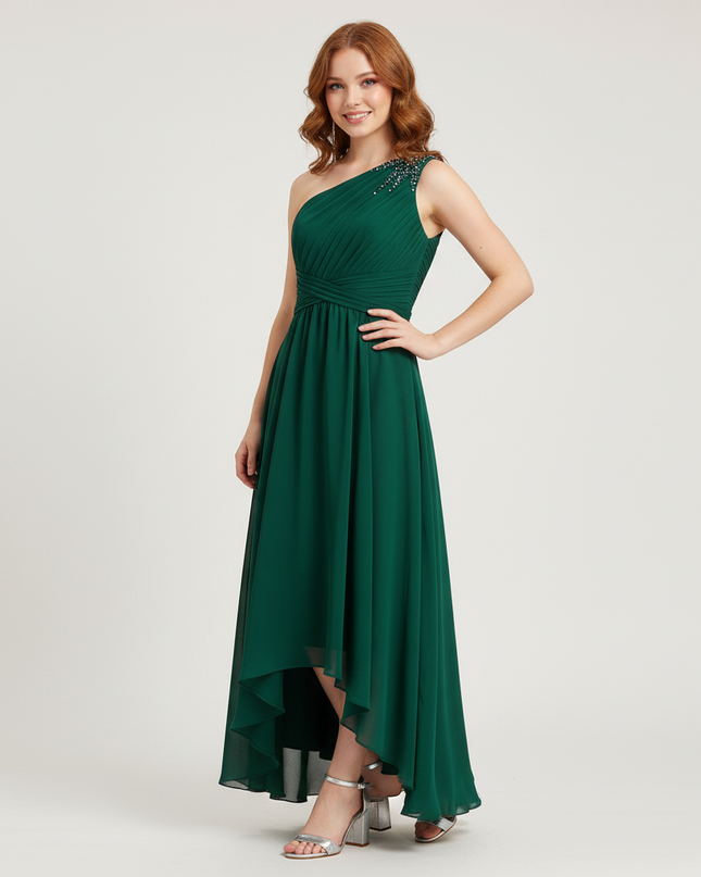 Mintgruenes Jugendweihe Kleid Chiffon Einschulter - Ansicht 1