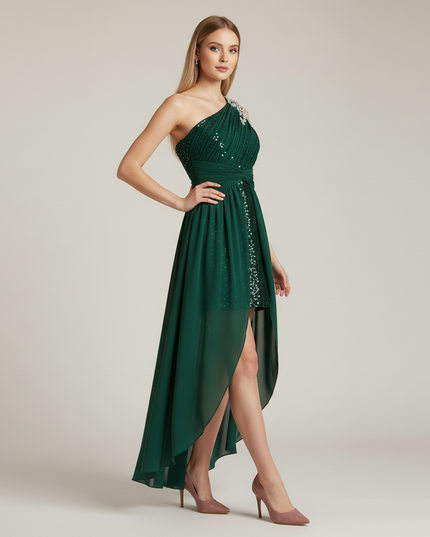 Mintgruenes Jugendweihe Kleid Einschulter Perlen - Ansicht 3