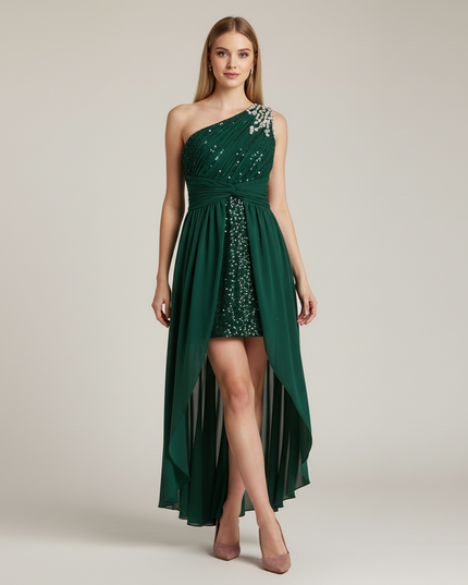 Mintgruenes Jugendweihe Kleid Einschulter Perlen - Ansicht 5