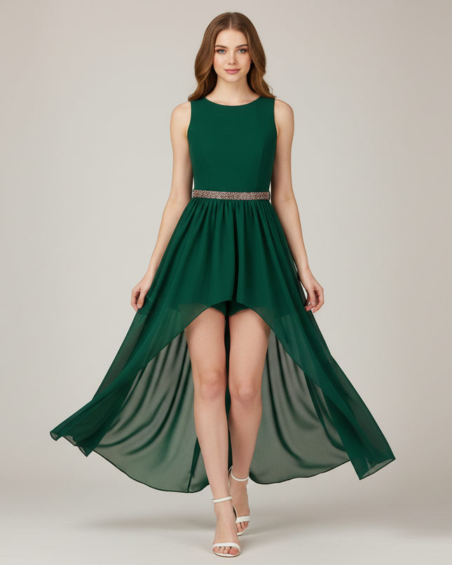 Mintgruenes Jugendweihe Kleid Perlen Asymmetrisch - Ansicht 1