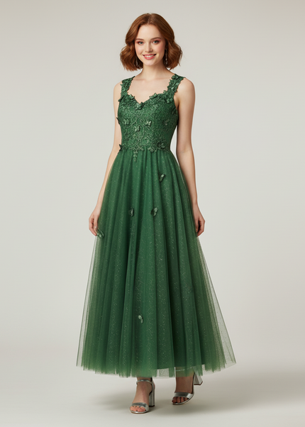 Olivgruenes Jugendweihe Kleid Abschlussball - A-Linie Lang - Ansicht 1