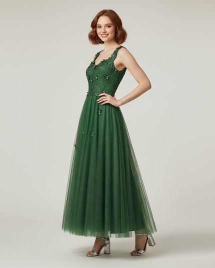 Olivgruenes Jugendweihe Kleid Abschlussball - A-Linie Lang - Ansicht 3