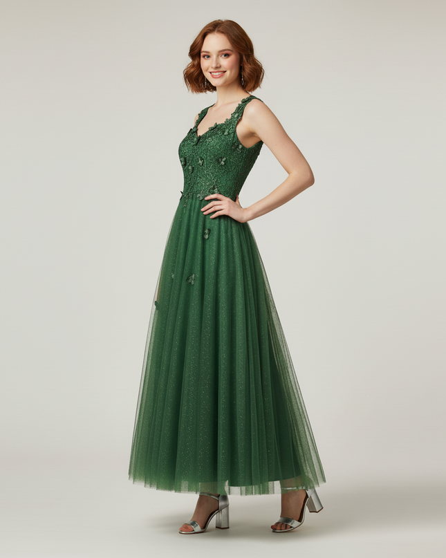 Olivgruenes Jugendweihe Kleid Abschlussball - A-Linie Lang - Ansicht 3