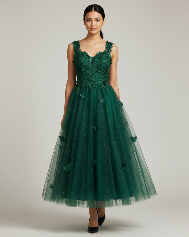 Salbeigruenes Jugendweihe Kleid Lang - A-Linie Abschlussball - Ansicht 1