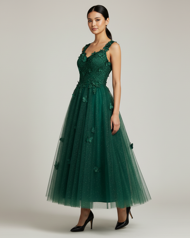 Salbeigruenes Jugendweihe Kleid Lang - A-Linie Abschlussball - Ansicht 3